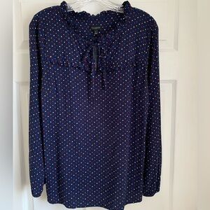 Talbots Dark Blue Tunic Blouse with Red, Yellow and White Dots